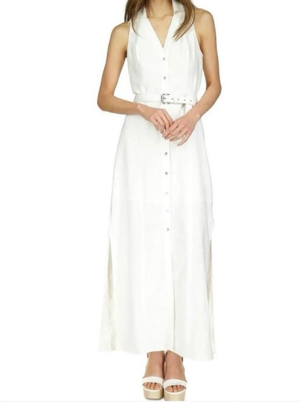 Michael Kors White Sleeveless Button-Front Maxi Dress with Belt